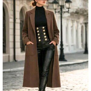 NWT Premium Quality Wool Blend Trendy Brown Open Coat With Oversized Pockets